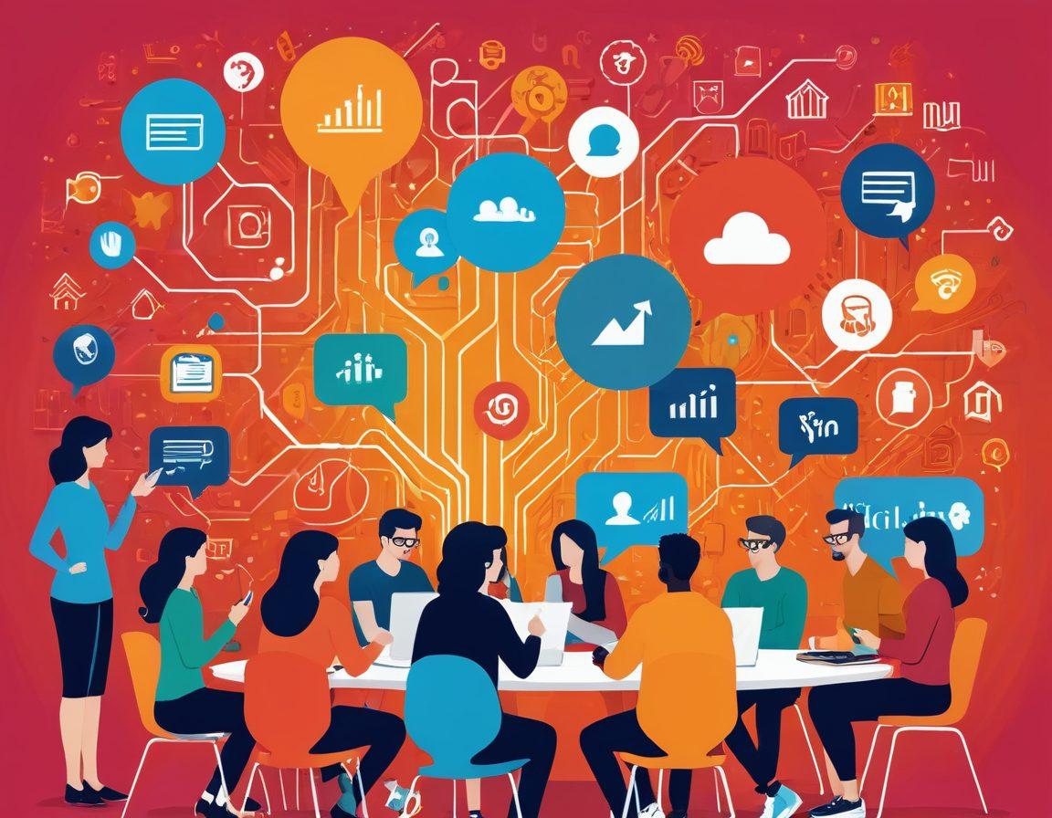 A bustling digital landscape depicting a diverse group of enthusiastic bloggers interacting and sharing ideas, surrounded by vivid social media icons and vibrant growth charts. Warm colors symbolize community and growth, with a subtle background of a thriving virtual environment. The overall scene captures the essence of collaboration and lively engagement. vector art. vibrant colors.