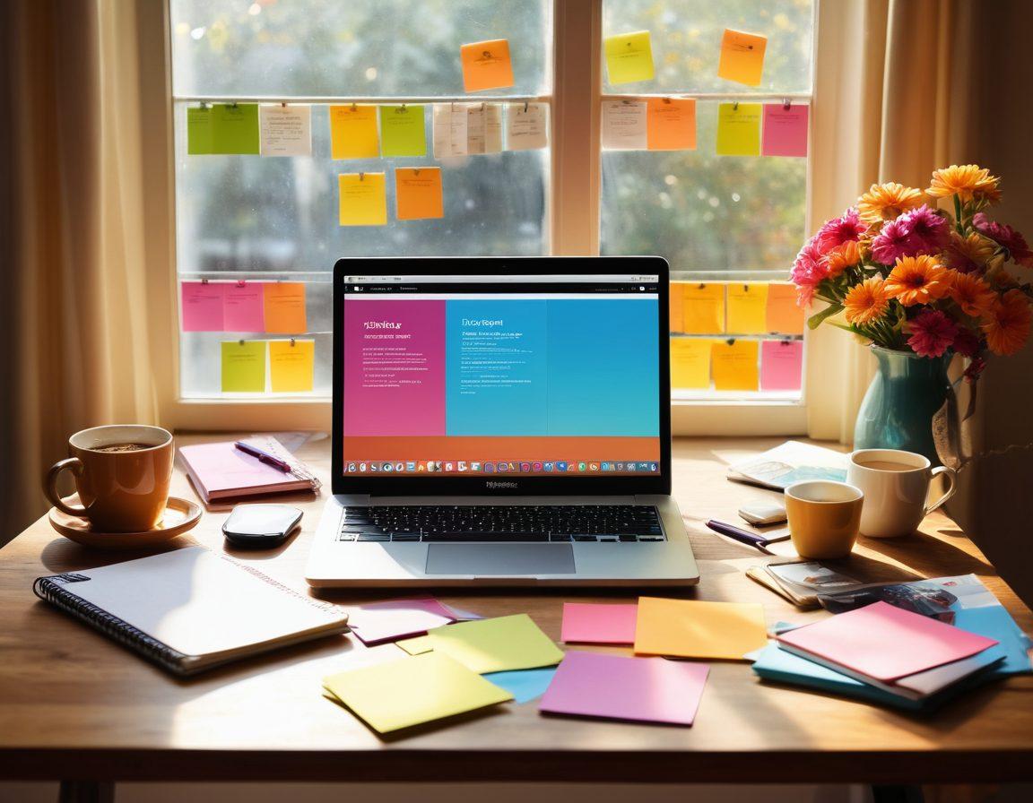 A dynamic workspace with a laptop showcasing a visually appealing blog layout, colorful sticky notes scattered around, an open notebook filled with creative ideas, and a steaming cup of coffee. The sunlight streaming through a window casts warm light and shadows, creating an inviting atmosphere for writing. super-realistic. vibrant colors. warm tones.