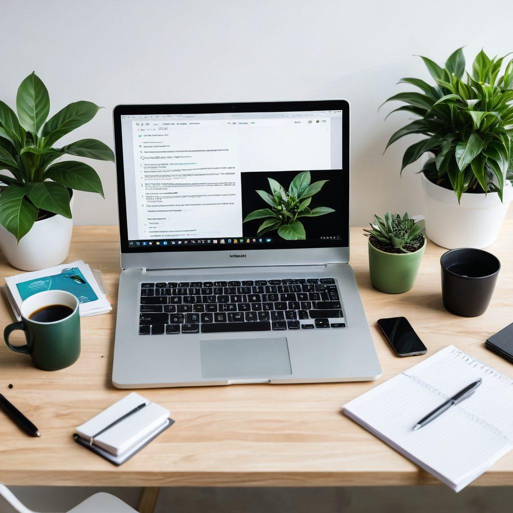 A visually striking workspace featuring a laptop with a blog post on the screen, surrounded by essential blogging tools like a notepad, microphone, camera, and coffee cup. Include elements symbolizing growth, like a small plant, and a digital dashboard with analytics. The color palette should be vibrant and inspiring, capturing the essence of creativity in blogging. super-realistic. vibrant colors. white background.